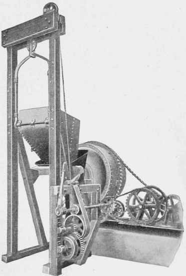 Fig. 143. McKelvey Charging Bucket Discharging Batch into Mixer Operated by Same Power.