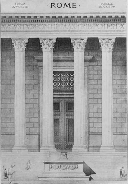 Fig. 129. Detail from Temple of Mars Vengeur, Rome. (Restoration.) Prom drawing by Emanuel Brune.