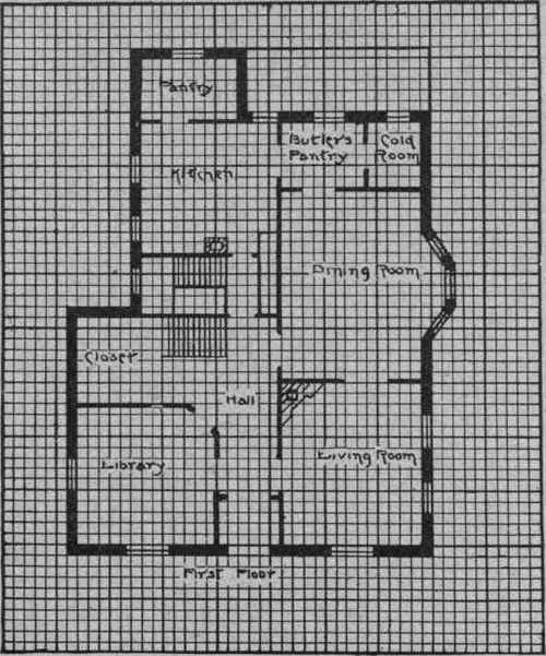 PLAN No. 8. First Floor. Bay Window in the Dining Room, and Fireplace in Living Room.