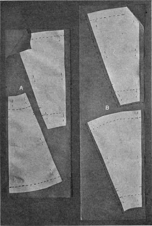 FiG. 191.   Placing patterns for gored skirts; A, material with no up and down;