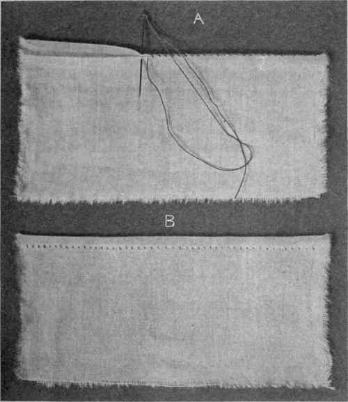 Fig. 113. Napery or damask hem; A, wrong side, hem turned and overhanded; B, right side, finished hem.