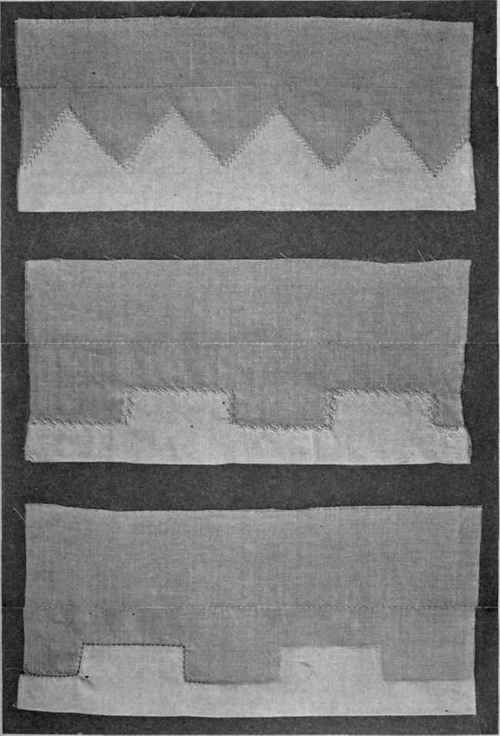Fig. 125. Shaped hems, with featherstitching and fagotting.