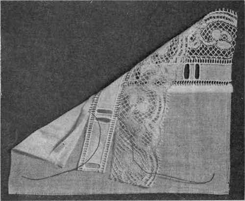 Fig. 144. French hem, embroidered beading and lace used as decoration.