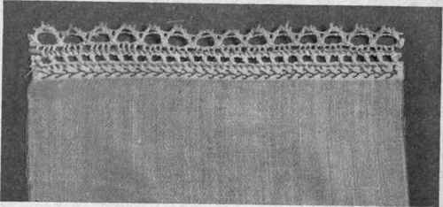 Fig. 147. French hem, lace edge overhanded to hem, and hem featherstitched.