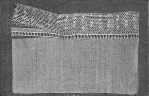 Fig. 158.   Cord edge of entre deux overhanded to raw edge of material; footing to raw edge of entre deux.