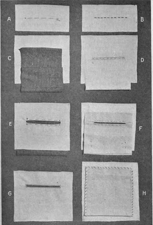 Fig. 174. Set in pocket; A, basting to mark for slit, right side garment; B, wrong side of A; C, pocket basted to right side of garment; D, wrong side C; E, pocket drawn through to wrong side garment, edge basted; F, wrong side E; G, pocket stitched, right side; H, completed pocket, wrong side.