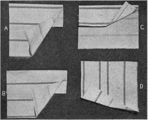 Fig. 182. Method of laying a box plait; A, first fold; B, second fold; C, plait folded and stitched; D, plait opened out.