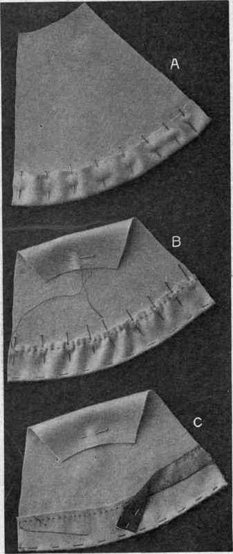 Fig. 213. Finish for lower edge of wool skirt; A, hem turned and pinned; B, fulness drawn up by gathers; C, fulness shrunken out and Prussian binding basted to hem.