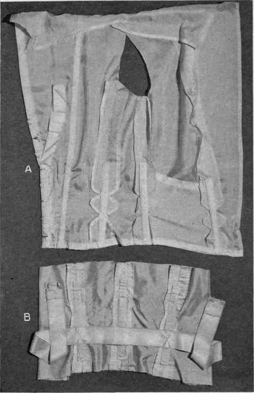 Fig. 221. Fitted waist lining, seam finished, boning and hooks and eyes; A, waist with several seam finishings, featherbone; B, waist with whalebone and inside belt.