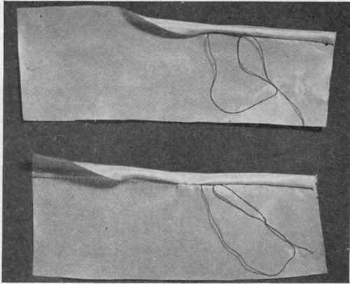 Fig. 226. A, hem turned to right side of bias material; B, bias binding to finish lower edge of bias slip.
