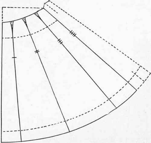 Fig. 58. Seven gore skirt pattern, panel front, two side and one back gore, with inverted plait, developed from a circular foundation skirt pattern.
