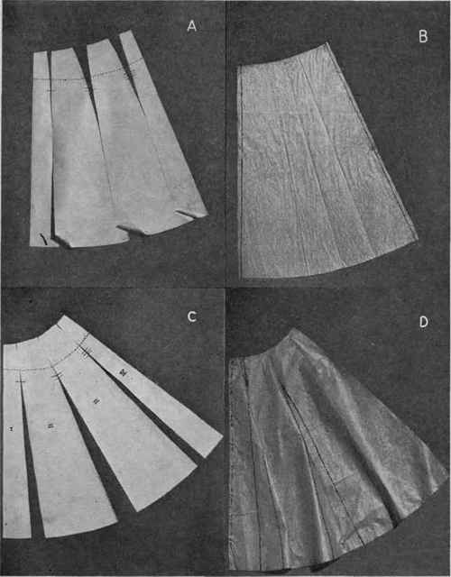 Fig. 66.   Method of designing circular skirts from six gore pattern; A, combining gores for narrow skirt; B, completed design; C, combining gores for wide skirt; D, completed pattern.