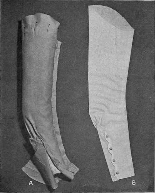 Fig. 83. Draping sleeve over padded form; A, method of draping; B, completed sleeve.