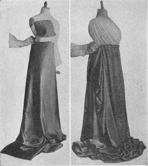 Fig. 86.   Skirt draping; A, circular skirt; B, straight full skirt with cascade effect at hips.