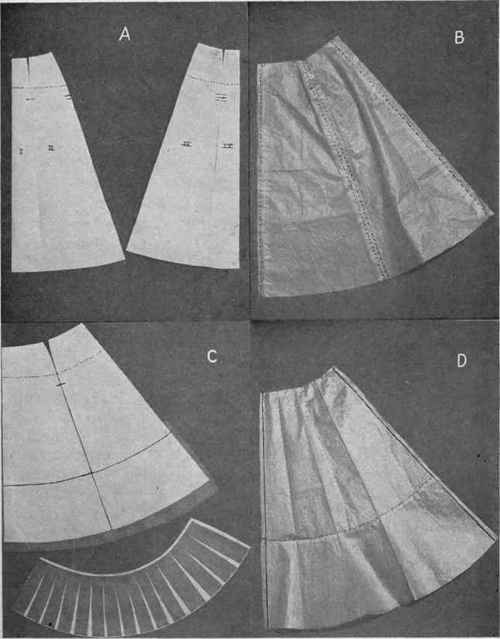 Pig. 65.   A, method of combining pieces of six gored skirt pattern, to design a four gored skirt; B, completed design; C, method of designing circular flounce from skirt pattern; D, completed design.