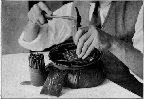 Fig. 134. Chasing on pitch. Pitch block, chasers ring, tools, and method of holding tool.