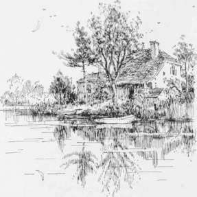 Fig. 29. Objects reflected in still water. Effect obtained by the use of vertical lines only. (See the preceding page.)