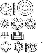 Sub press parts: a Blanking punch and piercing dic: b Lower stripper: c press Frame Cap.