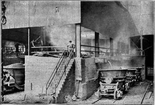 Fig. 17. Ladles Receiving Molten Pig Iron from Blast Furnace Troughs.