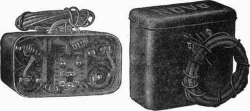 Fig. 180. Ignition Apparatus for a Gas Engine. The illustration to the left shows the interior with four dry cells and a spark coil. The illustration to the right shows the waterproof case, switch, and necessary wiring.