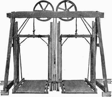 Fig. 22. Use of a Single Pulley. Double platform material elevator for lifting materials to a building. One elevator goes up while the other comes down, so that only force enough to lift the actual load is required.