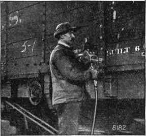 Fig. 8. A power tool (compressed air attachment) tightening nuts on a freight car. Compressed air may be utilized in this way to screw on nuts and thus save the mechanic's strength.