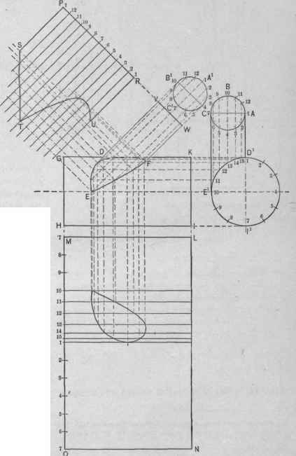 Fig. 348 .4 Joint at other than Right Angles between Two Pipes of Different Diameters, the Axis of the Smaller Pipe being Placed to One Side of that of the Larger One.