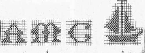 Fig. 86. Cross stitch designs can be easily made on squared paper. A, initial for towel; B, design for repetition on table cover or scarf.