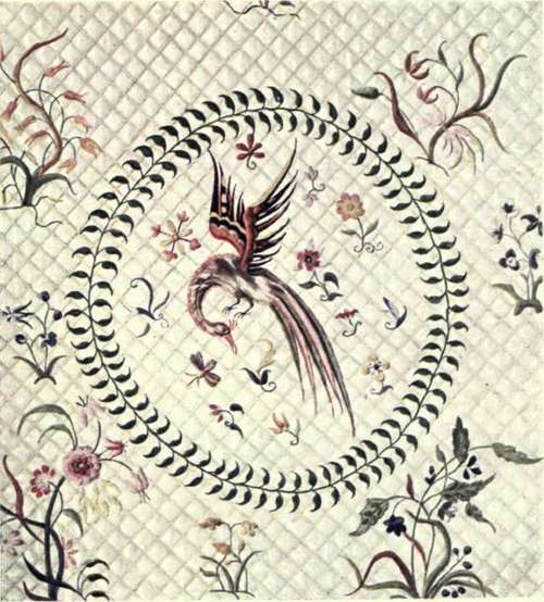 Quilted Linen Coverlet. Embroidered in Coloured Silks. English late 17th Century.