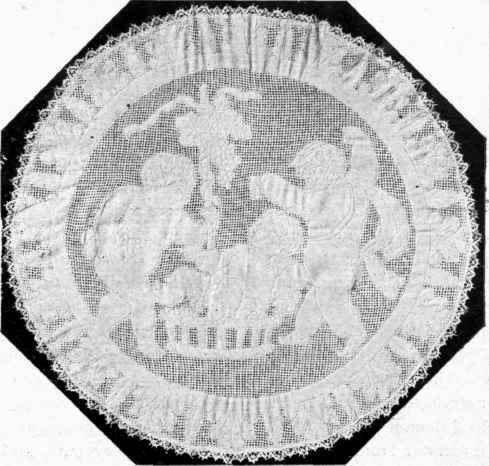 A ROUND FIVE O'CLOCK TEA CLOTH IN RHODES EMBROIDERY.