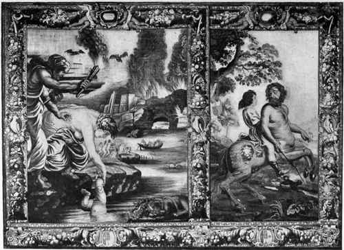 Plate no. 303. Two Scenes from the Story of Achilles, Brussels XVII century tapestries picturing the Plunging of Achilles in the waters of the Styx by his mother Thetis in order to render him immortal, and the Instruction of Achilles in the Art of Riding by the centaur Chiron.