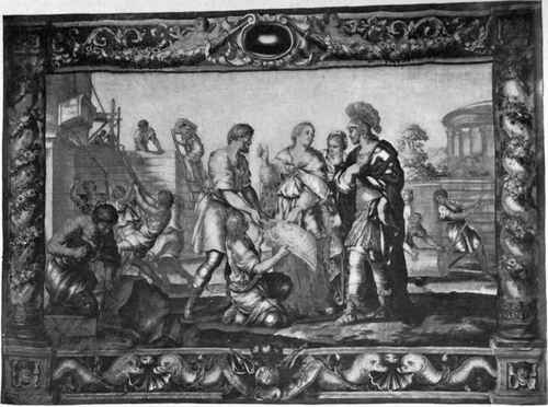Plate no. 305. Dido Showing Æneas the Plans of Carthage, one of a set of 8 Early XVII century tapestries picturing the Story of Dido and Æneas, designed by Giovanni Francesco Romanelli, the art director of the tapestry works established at Rome in 1633 by Cardinal Barberini, and woven by M.