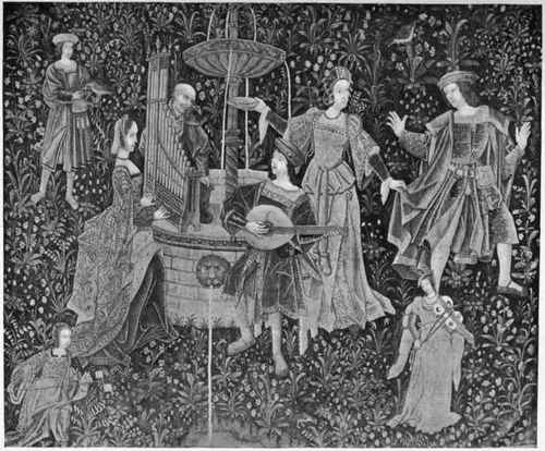 Plate no. 327. Gothic Concert with verdure (mille fleur) ground, a masterpiece of design and weave, in a private collection.