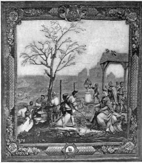 Plate no. 391. The Months January and March, two Gobelin Early XVIII century tapestries after XVI century Months of Lucas tapestries.