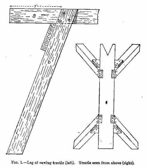 Leg of sawing trestle (left). Trestle seen from above (right)