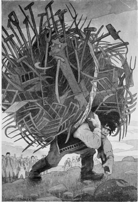 Tied up the iron into a bundle, which he hung at the end of his staff