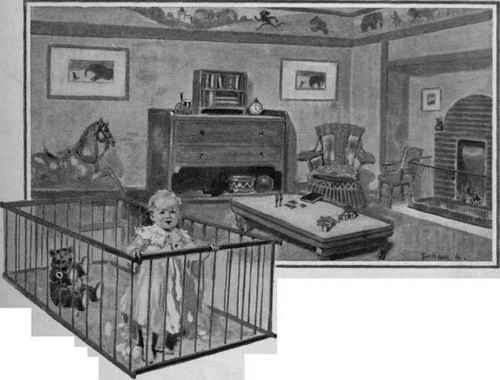 A miniature railed play 'ground where baby may crawl without injury