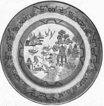 A willow'pattern plate, a replica of the original willow pattern