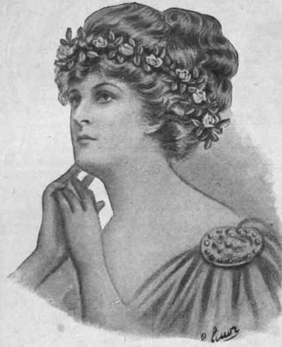 A wreath of tinsel or satin roses with green leaves forms a delightful finish to the head'dress for a young girl