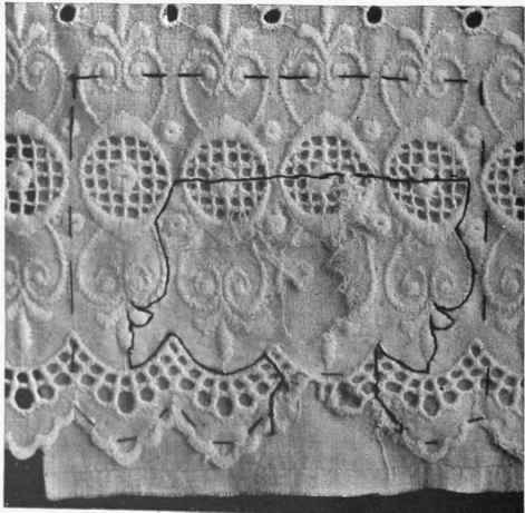 Fig 2. Place a square of material that matches the torn fabric underneath and well outsite the damaged area. Tack in position by an inner and outer line of tacking. Do not draw or pucker the work.