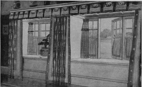 Fig 4. For straight windows a box pleated flounce coming from under the cornice looks very well. The cornice can be carried right across two windows Messrs. Williamson Cole