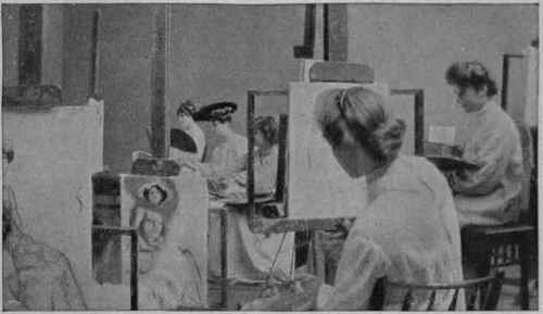 In the life room. Here a professional model sits for the more advanced students, who work under the direction of Miss Kemp wesh herse.f