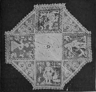 Table centre of filet squares, triangles of Russian lact and edging of bobbin lace