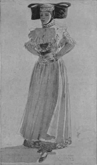 A Westphalian peasants dress. A study in red. blue, black and white, and gold. An unusual type of the popular peasant fancy dress