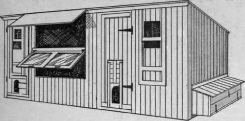 A combined house and scratching shed, ventilated in front with a hinged frame,