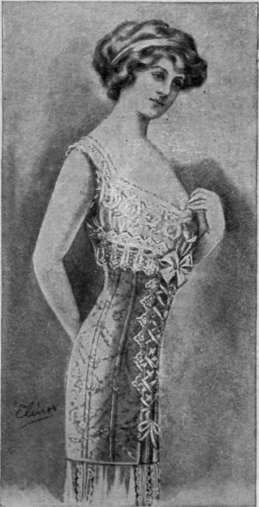 A corset that laces in front, of a design that will help to ensure a perfect, slight, erect figure, with comfort and safety