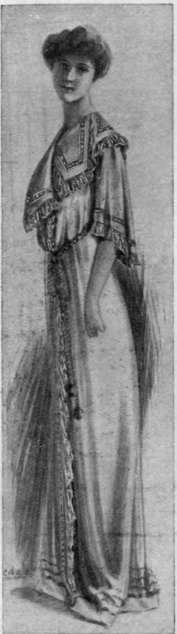 A simple but pretty dressing gown with a twisted girdle of silk and wool shoulder of the person for whom it is being made to the floor in front, and from the nape of the neck to the floor at the back