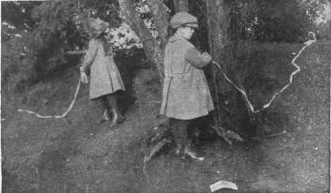 Each child is given a length of coloured ribbon, affixed to a small tree as a starting point, and directed to follow this ribbon clue wherever it may lead