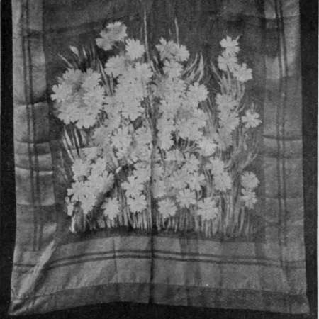 A plain chiffon scarf can be transformed into a thing of exquisite beauty if painted with flowers to tone with the gown worn. Carnations with their green foliage have been chosen in the example shown