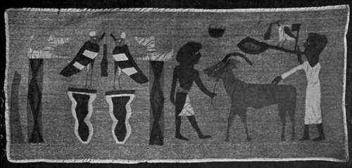 A quaint native design, carried out in applique work. The effect depends greatly on the choice of bold colours. Such a design worked on bath towelling would serve as a bath mat